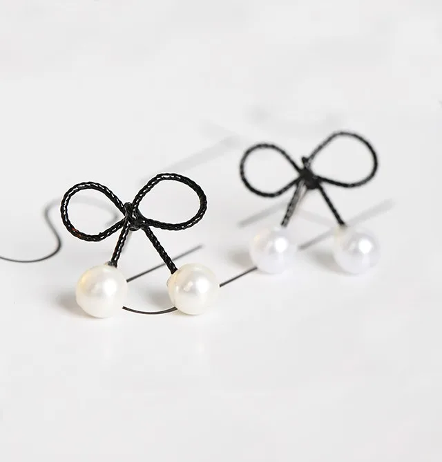 Pretty Cute Black Bow Pearl Stud Earrings Girls Black Bow Earrings ...