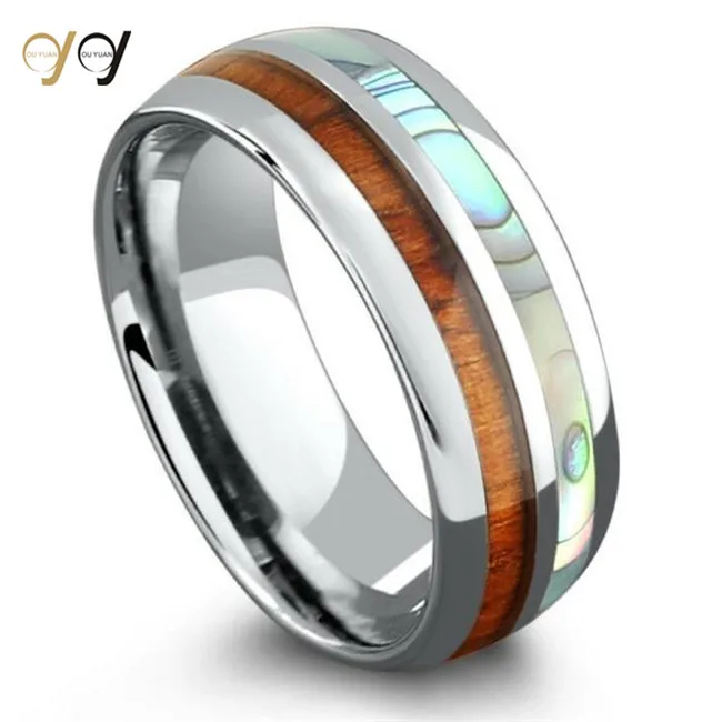 316L Stainless Steel Jewelry Men's Natural Sea Shell Koa Wood Stainless Steel Ring Dome comfort Fit