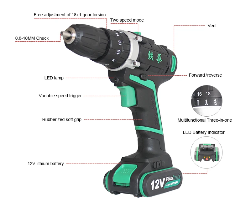 Professional Electric Cordless Handy Power Drill With Led Working Light 