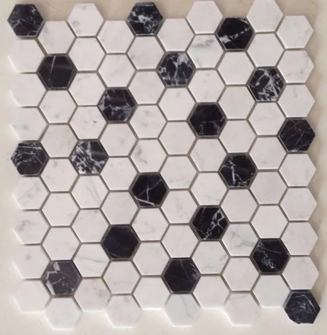 Honed Black and white hexagon marble floor mosaic natural stone tiles