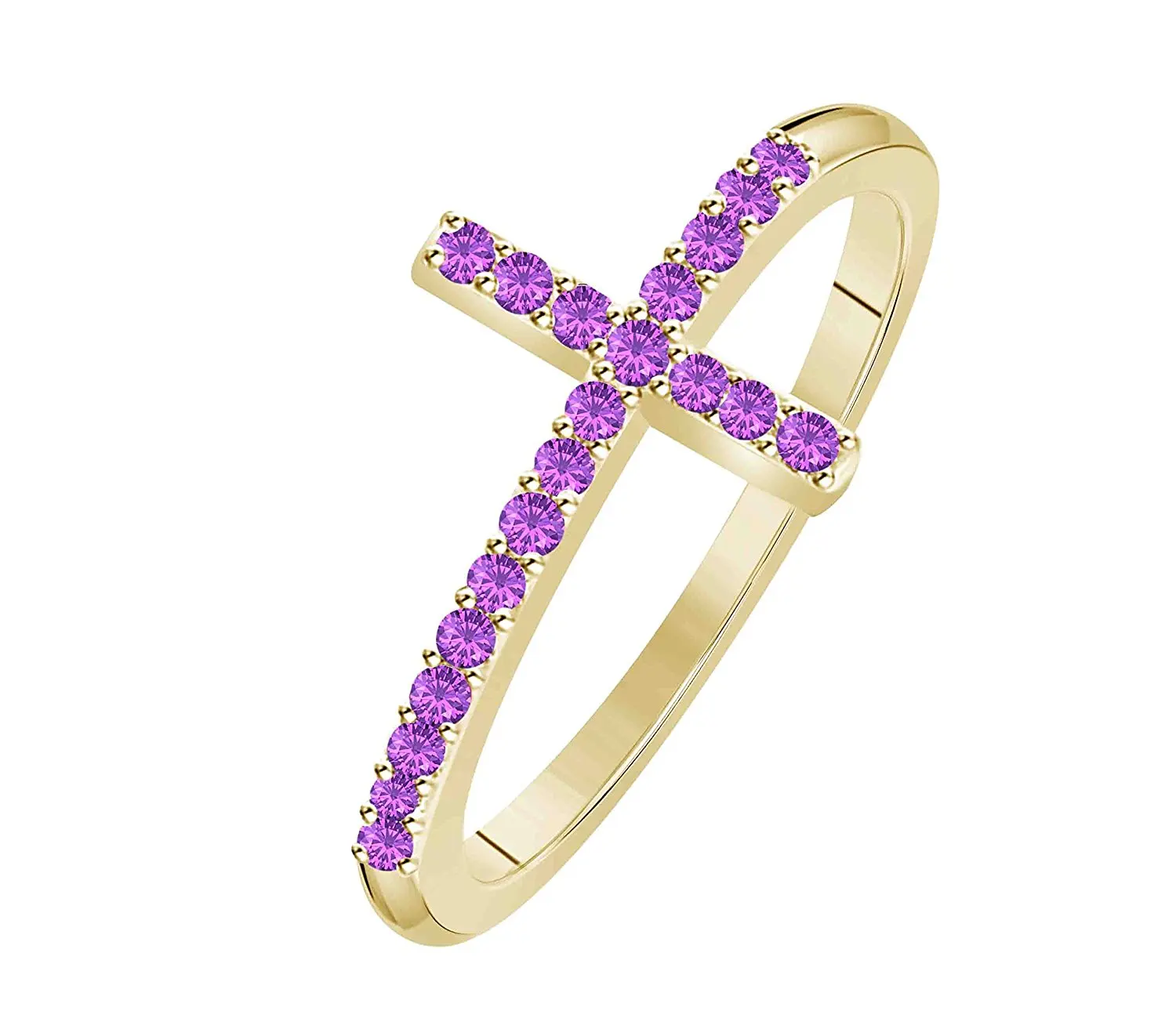 Hot Sale !!! Women's Cross Lab Created Amethyst Thin Stackable 14K Yellow Gold Plated Sideways Cross Ring (Size 4 - 11)