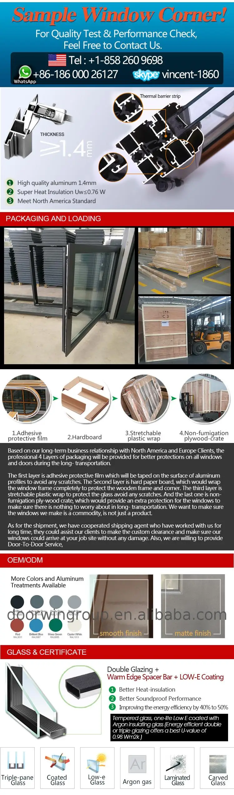 Doorwin Aluminum double tempered casement glass windows in low prices