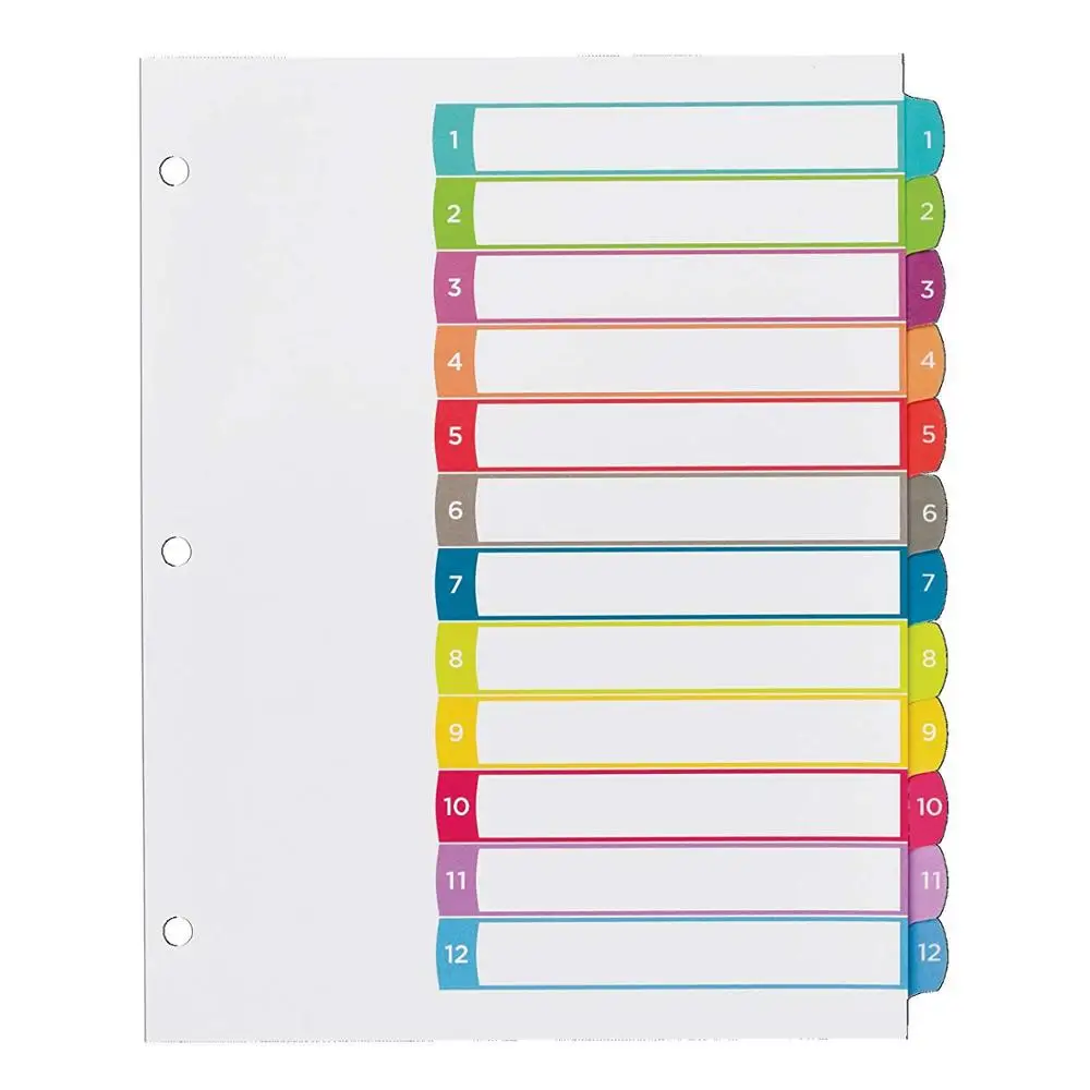 School Office A4 12 Tabs Number Color Pet Index Paper Tab Divider File