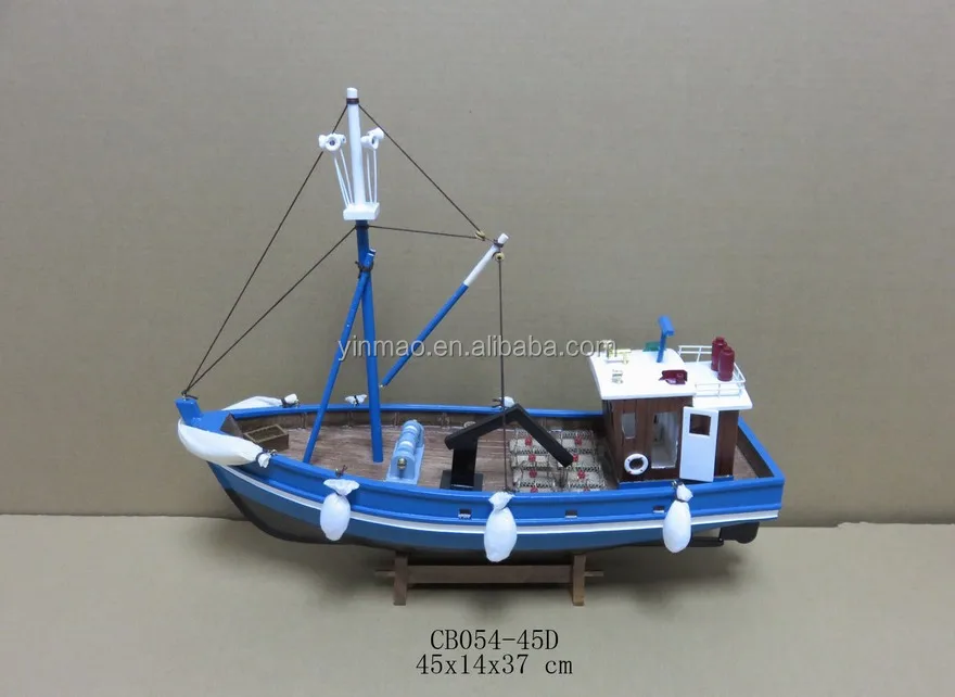 Wooden Crab Boat Model,Blue 45x14x37cm,Oem Shrimp Ship Model,Hand Made