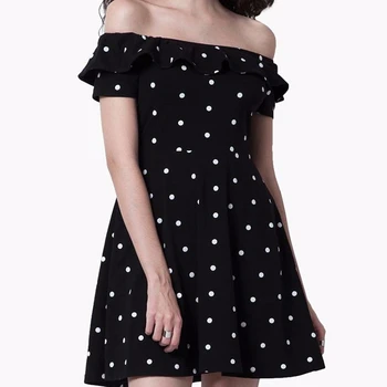 off the shoulder black polka dot dress