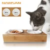 Ceramic Bowl Small Pet Dog Bamboo Wooden Bowl Elevated Stand Feeder Cat Bowls Dining Table with White Ceramic Double Cat Bowls
