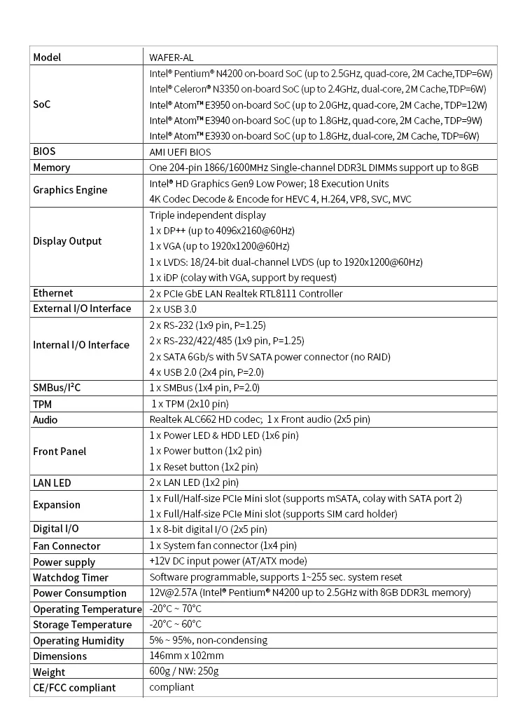 Iei Wafer-al-n1 3.5 Inch Intel Celeron N3350 Computer Embedded Board ...