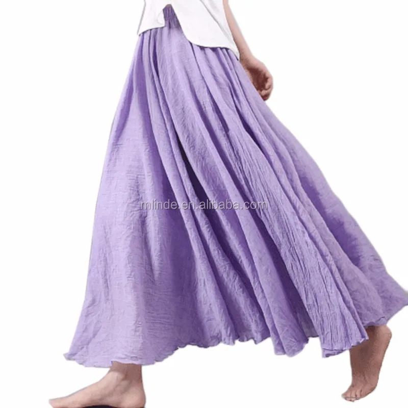 Women Summer Long Fitted Skirts Linen Cotton Elastic Waist Pleated