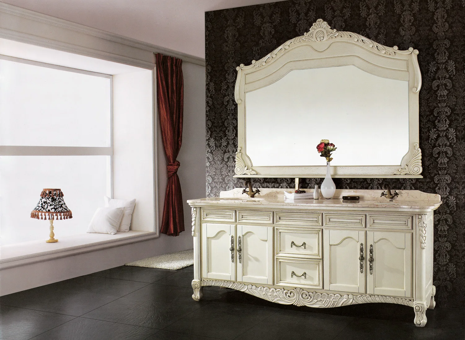 White Bathroom Mirror Cabinet With Beautiful Carved Design ...