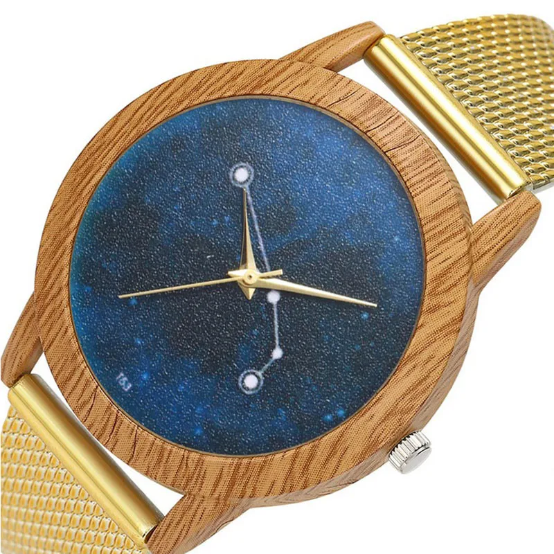 复古木纹案例明星天空拨号网格带女士手表