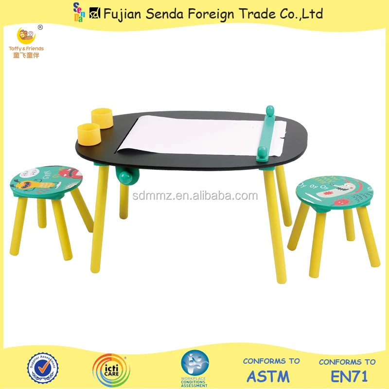 Kids Wooden Table And Bench Set Chalkboard Table And Stool Set With