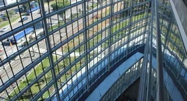 Colored laminated glass skylights provide safe shade