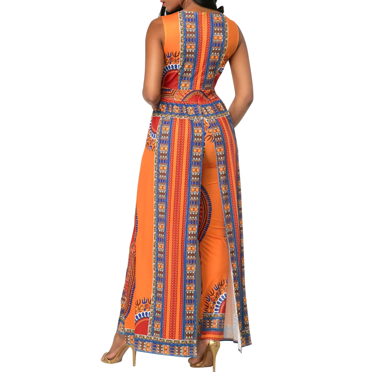 African women's sleeveless printed orange ethnic style jumpsuits