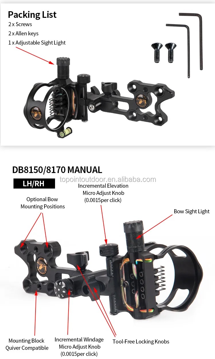 Topoint Archery,5 Pin/7 Pin Bow Sights,Db8150 Series Micro Adjust,Tool