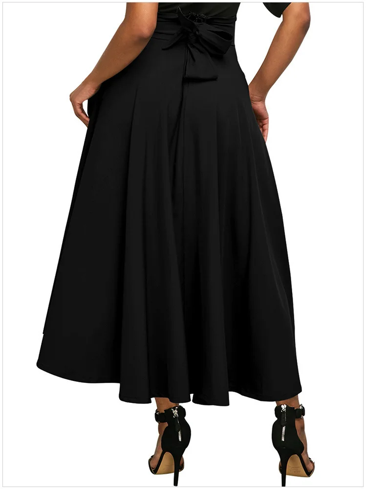 Womens Solid Long Maxi Skirt High Waist Pockets Pleated Swing ...