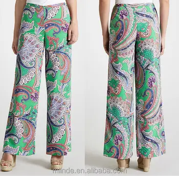 Printed Plus Size Women Wide Leg Pants Paisley Rayon Polyester Chiffon Cotton Ladies Wide Leg ...