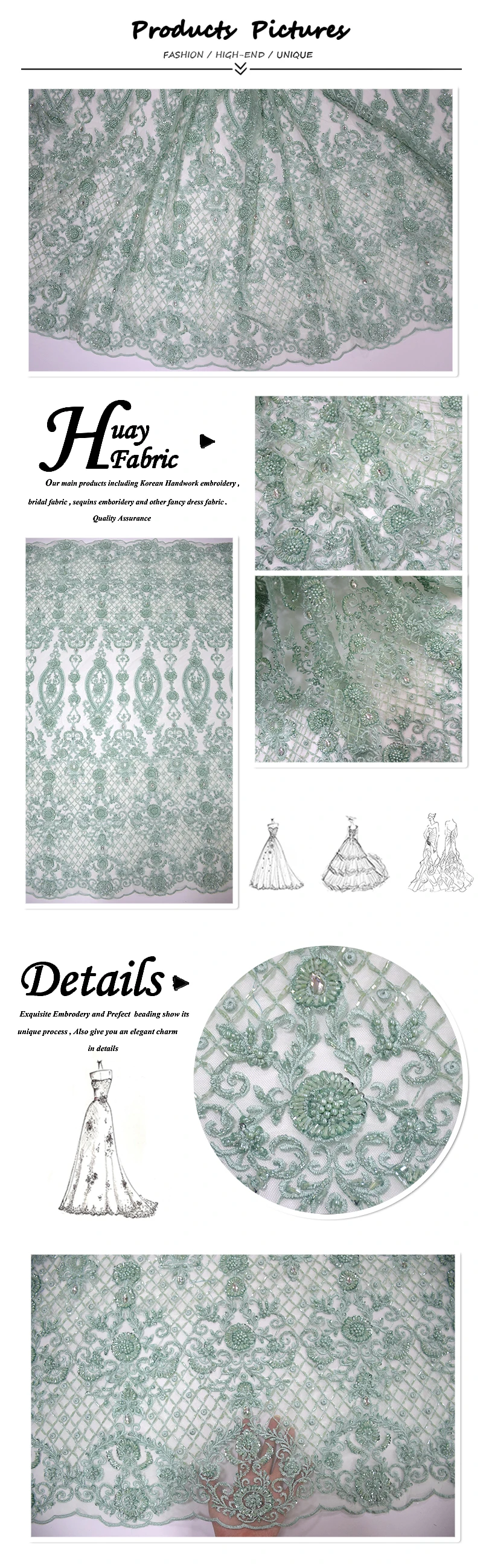 Luxury french mint green heavy crystal pearl beaded lace fabric with sequins embroidered tulle bridal lace fabric HY0937-3