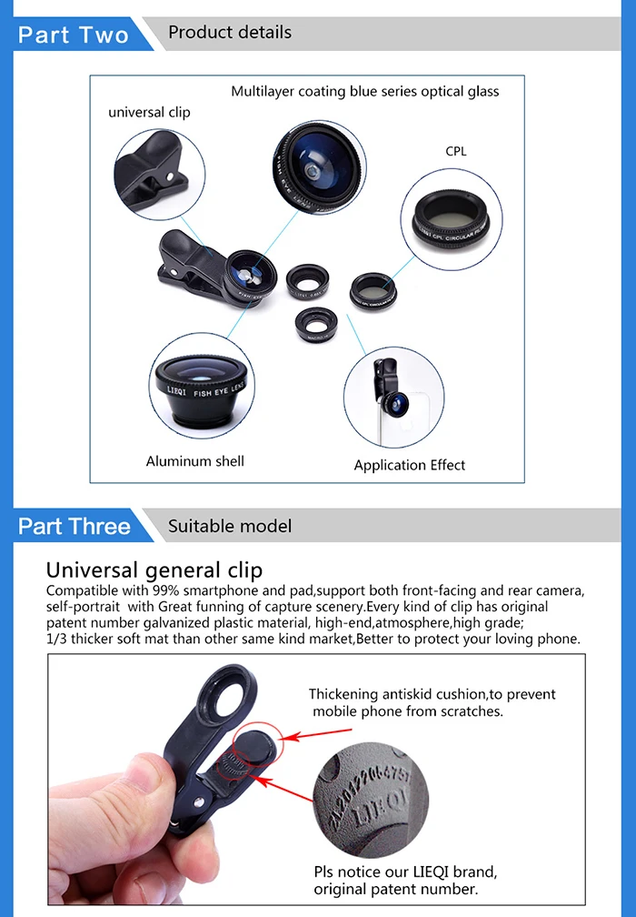 LIEQI Universal Clip 4 In 1 Cell Phone External Lens With CPL Filter