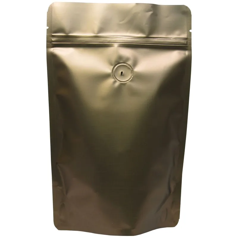 Stand Up Aluminum Foil Zipper Printed Coffee Packaging Bags With Valve Bottom Gusset Gold Coffee