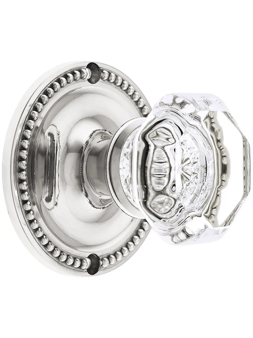 Large Beaded Rosette Door Set with Octagonal Glass Knobs Privacy in Polished Nickel