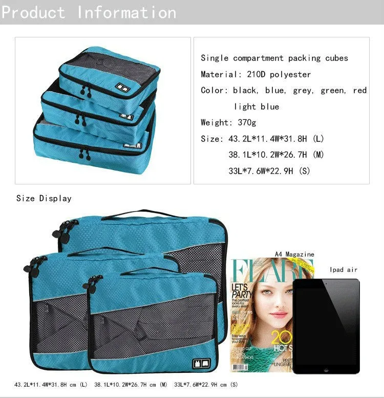 Portable brand 3 piece set traveling storage bags luggage organizer travel packing cubes