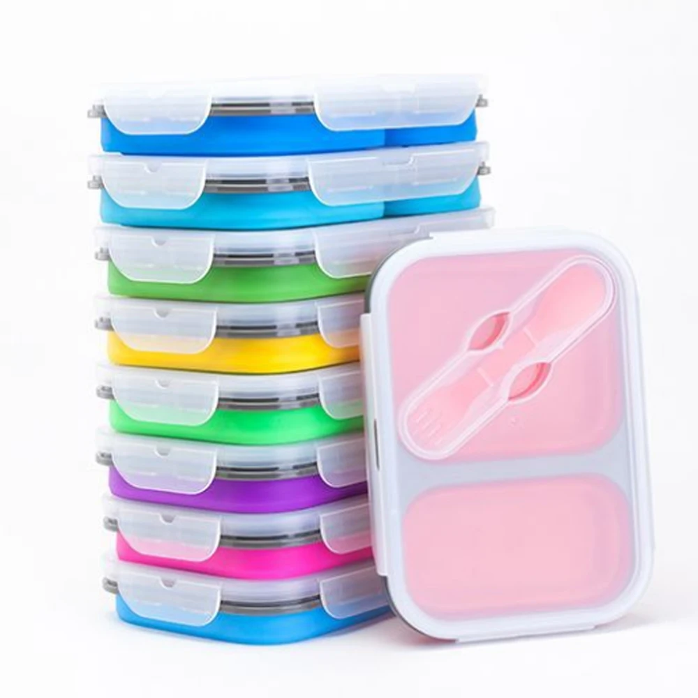 Microwave Heated Silicone Bento Box Round Folding Lunch Box With Two