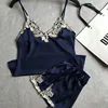 Summer Ladies Sexy Silk Satin Pajama V-neck Lace Shorts Set Sleepwear