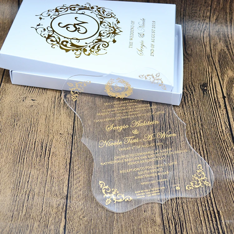 Gold mirror acrylic printed wedding invitation menu card