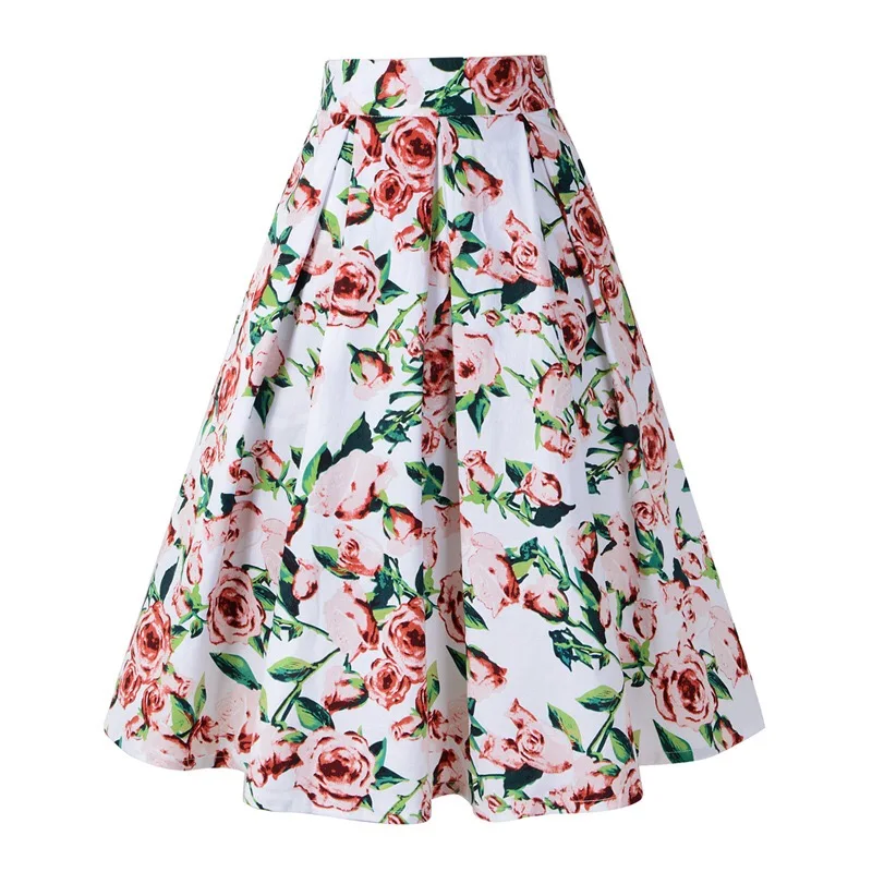 Dressever Women's Vintage A-line Printed Pleated Flared Midi Skirts 
