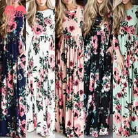 Three Quarter Sleeve Fashion Floral Printed Floral Maxi Dress Women