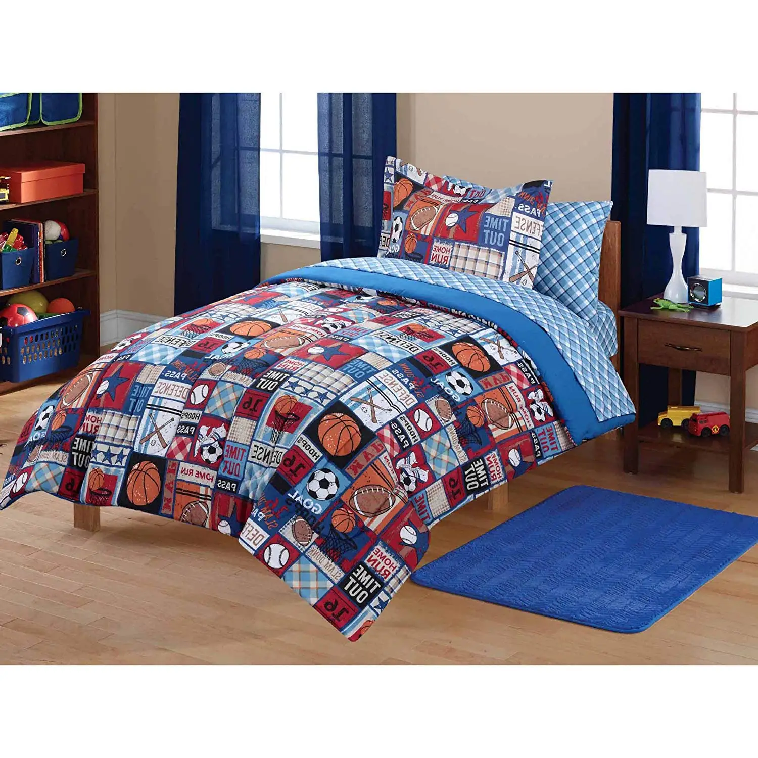7 Piece Multi Color Patchwork Sports Theme Comforter Set Full With Sheets, Brown Blue Red All Over Football Basketball Badminton Checkered Printed, Reversible Navy White Checkered