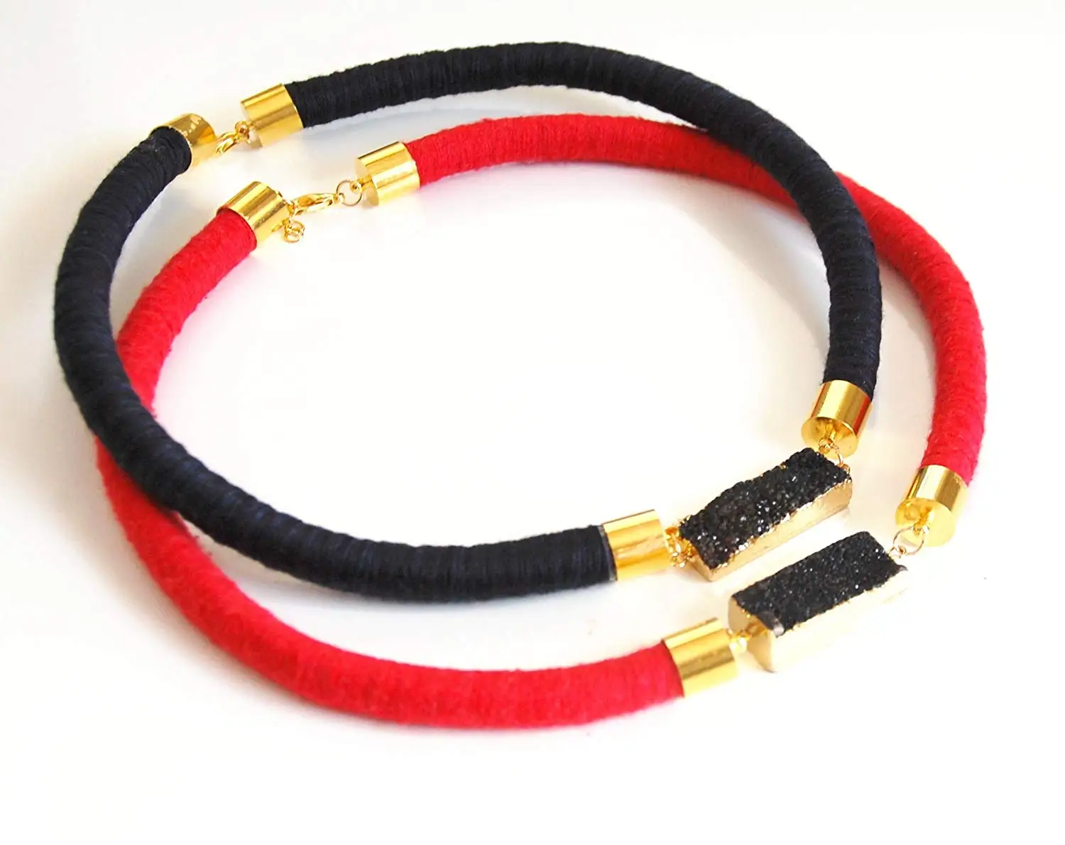 Rope Statement Necklace -Cotton wrapped Black and Red Rope necklace- Rope jewelry- Black Druzy pendant Necklace- Rope Necklace with Druzy