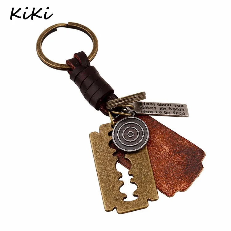 >>>men Leather Keychain Razor Blade Pendant Trinket Men Punk Motorcycle
