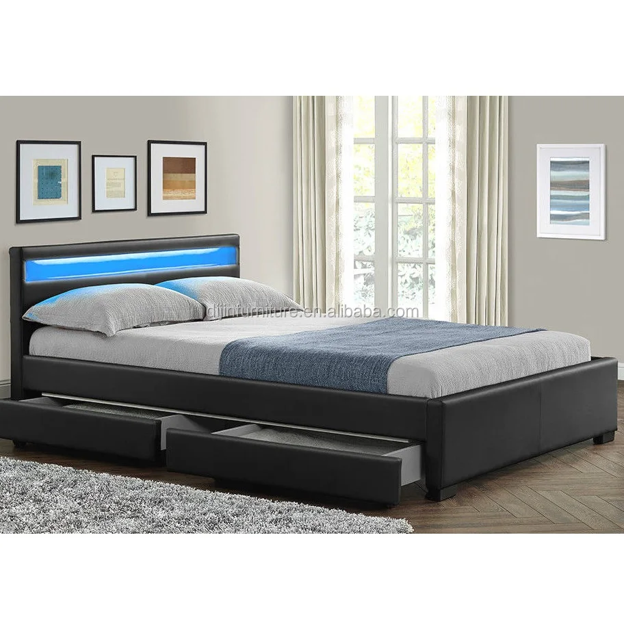 Double King Size Bed Frame With 4 Drawers Storage Led Headboard
