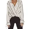 Long Sleeve Striped T-shirt Sexy Women Turn-down Collar V-neck Bow-tie Twill Irregular Shirts For Ladies