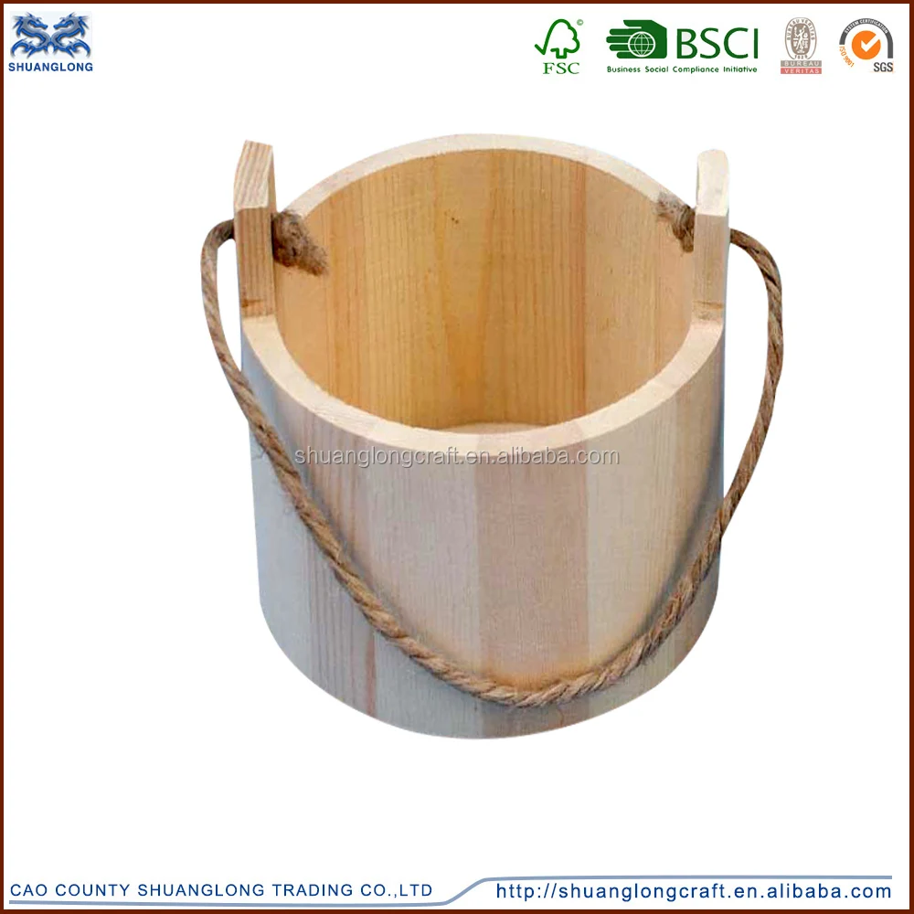 Natural Antique Wooden Mini Water Bucket With Rope Handle For Sale