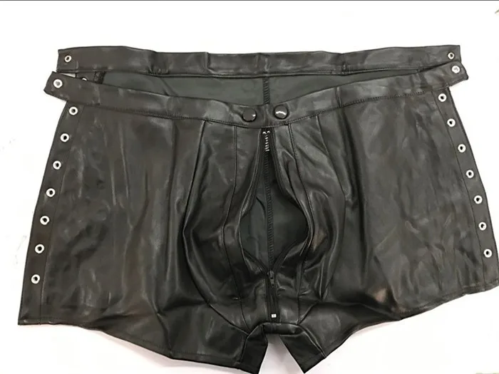 Faux Leather Mens Boxers Shorts Exotic Apparel Sex Hollow Out Strappy Underwear Lingerie Sexy Black Wetlook Short Pants H6624