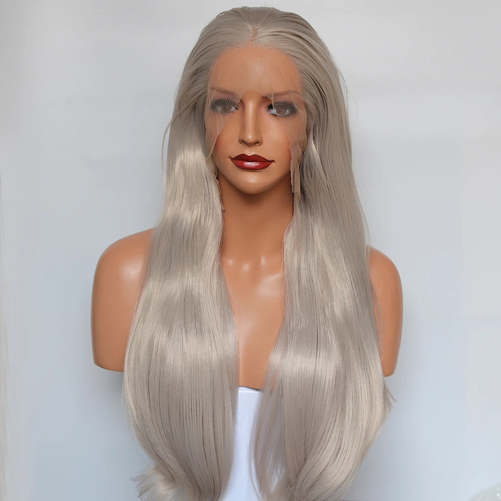 Silver Platinum Blonde Lace Front Wig Ash Long Straight Soft Synthetic