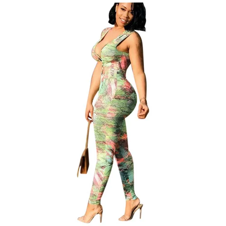 New Fashion Plus Size Deep V Sexy Summer Print Bandage Rompers Womens