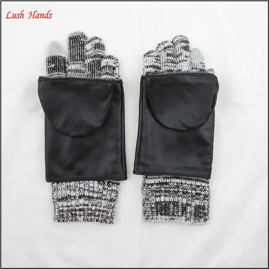 women fashion leather gloves lining grey kintted