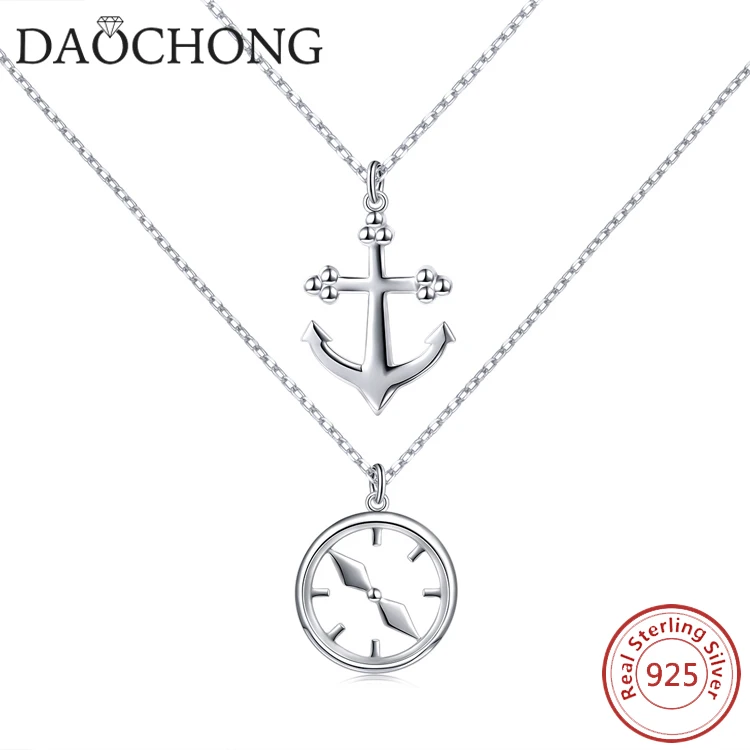 Silver necklace 925 with marine anchor pendant set with zircons