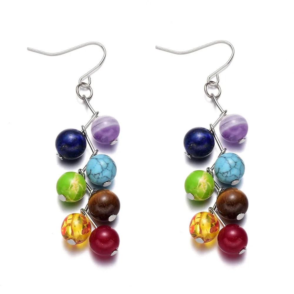 Natural Stone Women Yoga Rainbow 7 Chakra Earrings 6mm Tiger Stone
