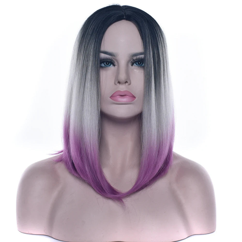 Synthetic Hair Short Bob Wig Black To Grey Purple Ombre Hair