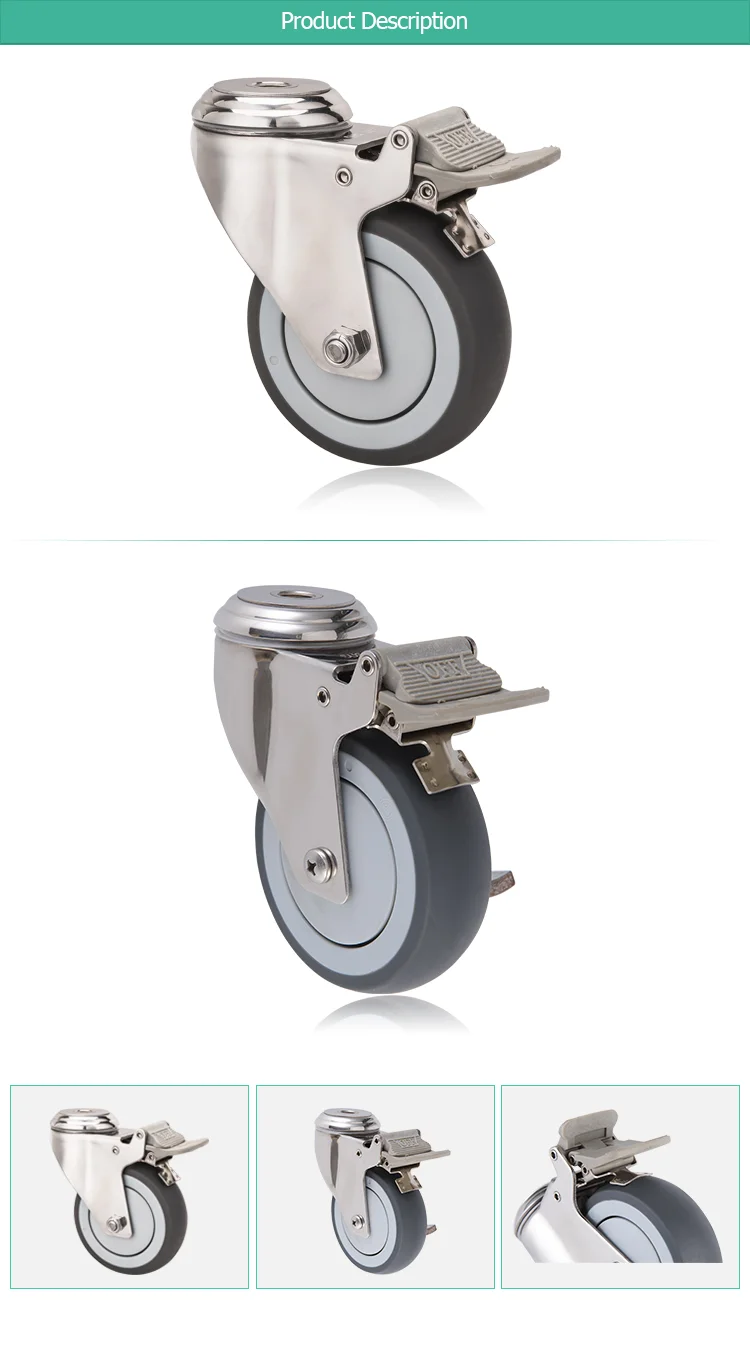 304 SUS Swivel 3 Inch 4 Inch 5 Inch Bolt Hole Locking Corrosion Resisting Rustic Flat Stainless Steel TPR Trolley Casters