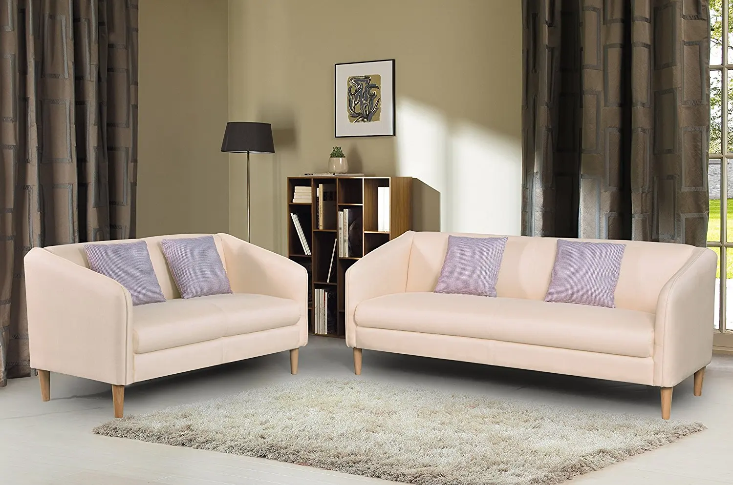 Container Furniture Direct Helton Collection 2 Piece Collection Modern Reversible Fabric Living Room Sofa Set, Cream