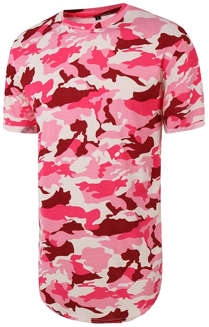 Hipster Camo Tshirt Men Camouflage T Shirt Curved Hem Tee Pink Camo