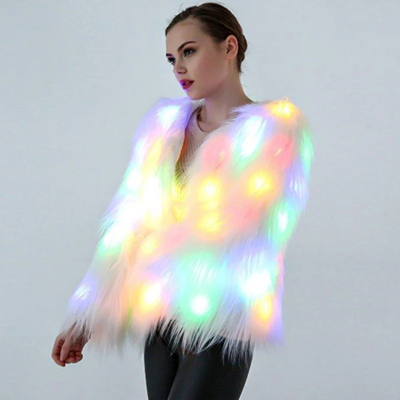 Fashion Women Faux Fur Coat Led Lights Plus Size Christmas Costumes Fur Jacket Festival Winter Warm Party Club Outwear