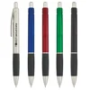 Hot selling conveniently carried business gift metallic color barrel soft black grip plastic click button style novelty ball pen
