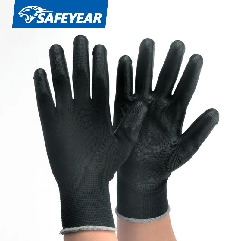 Hot Selling Ce Approved Black Pu Coated Safety Gloves With 13 G Nylon ...