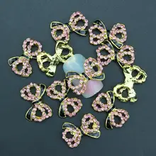 10Pcs Pack Glitter Black Gold Bow 3D Pink Rhinestones For Nail Art Decorations On Gel Polish